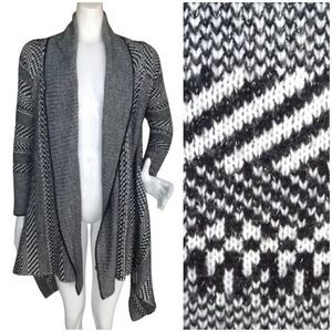 BEBE Cardigan Sweater, S, Geometric/Stripe, Open front, Asymmetric, Shawl collar